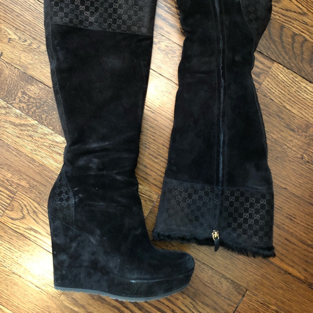 Gucci black suede wedge boots